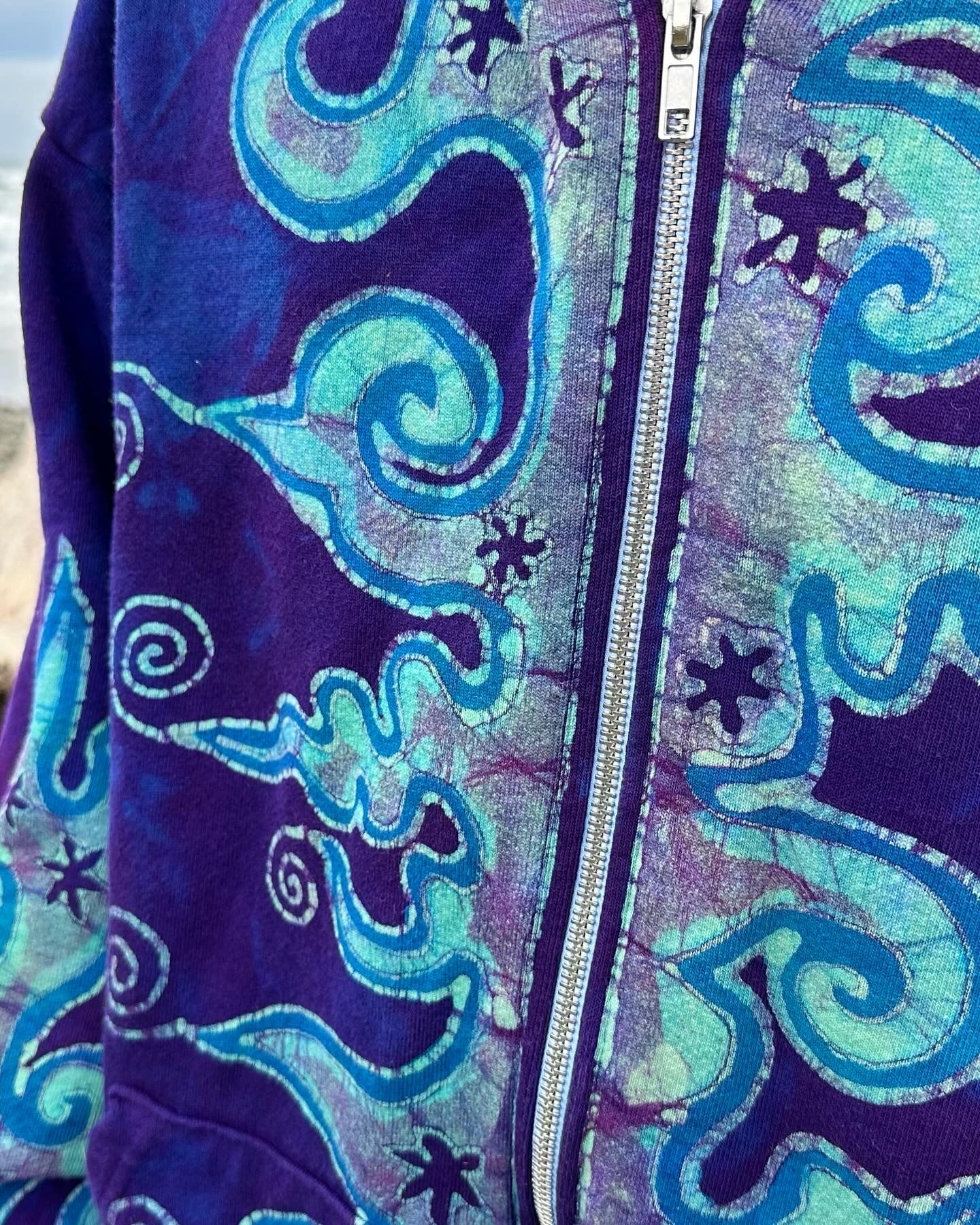 Blue Swirls-n- Waves Handcrafted Batik Zipper Hoodie - Unisex Size 2X hoodie batikwalla 