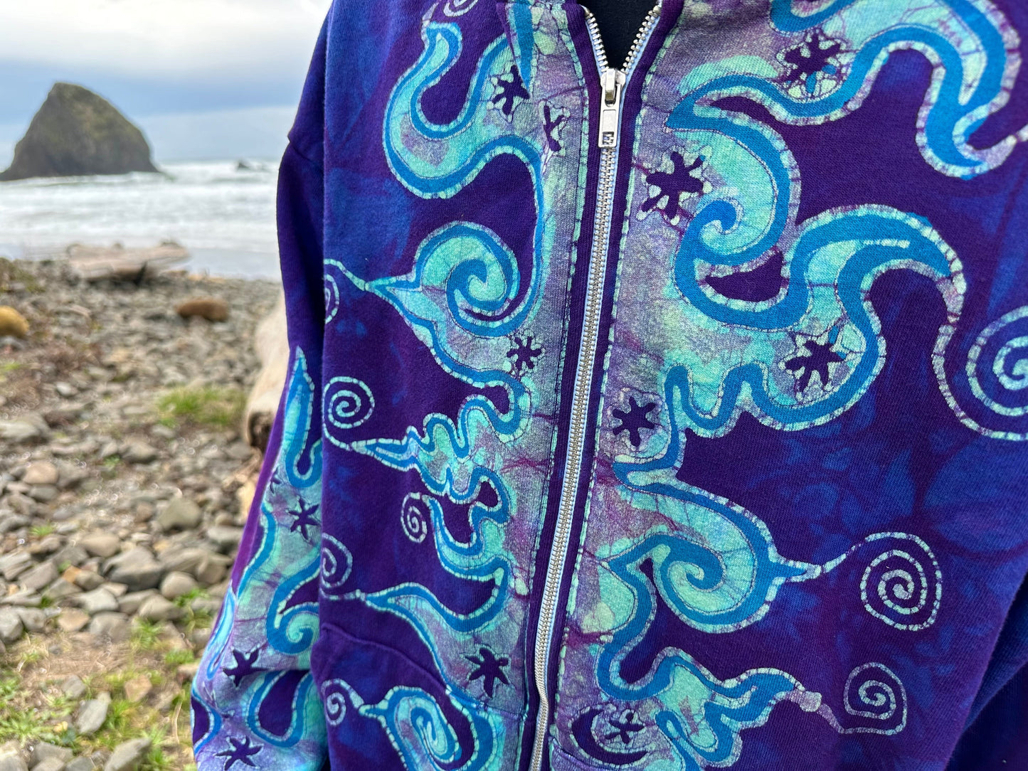 Swell Swirls in Purple Waves Handcrafted Batik Zipper Hoodie - Unisex Size Large hoodie batikwalla 