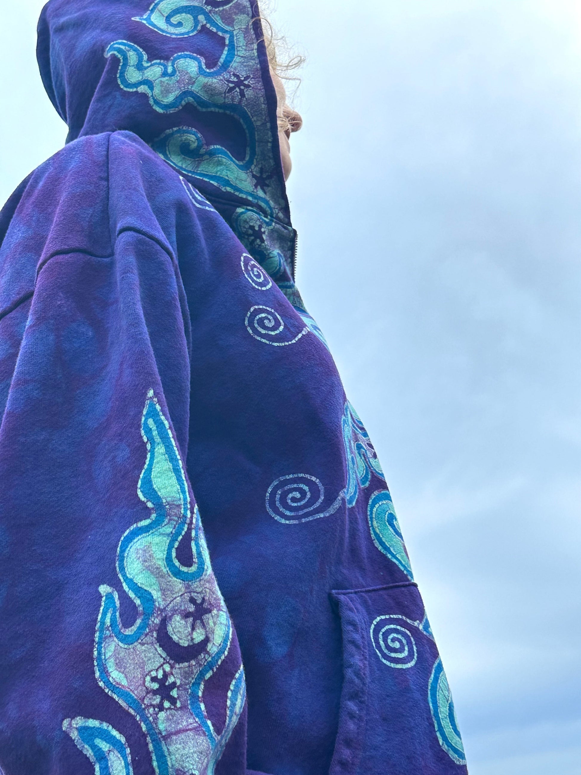 Swell Swirls in Purple Waves Handcrafted Batik Zipper Hoodie - Unisex Size XL hoodie batikwalla 
