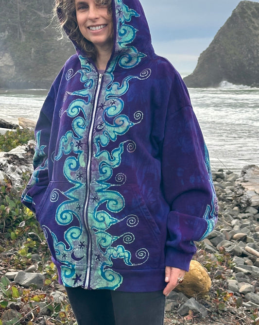 Swell Swirls in Purple Waves Handcrafted Batik Zipper Hoodie - Unisex Size XL hoodie batikwalla 
