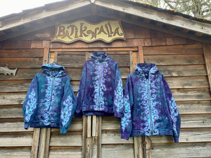 Teal and Purple Tuxedo Swirls with Stars Handcrafted Batik Zipper Hoodie - Medium hoodie batikwalla 