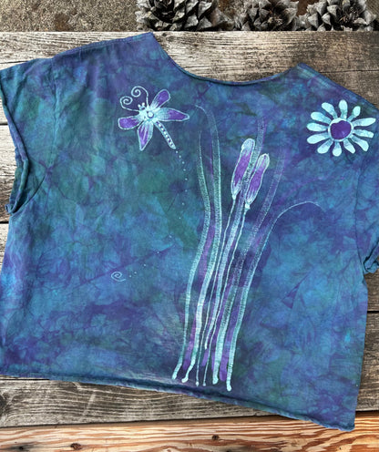 Dragonfly in Teal and Purple Cotton Cropped Crew Tee - Size Small Shirts & Tops Batikwalla by Victoria 