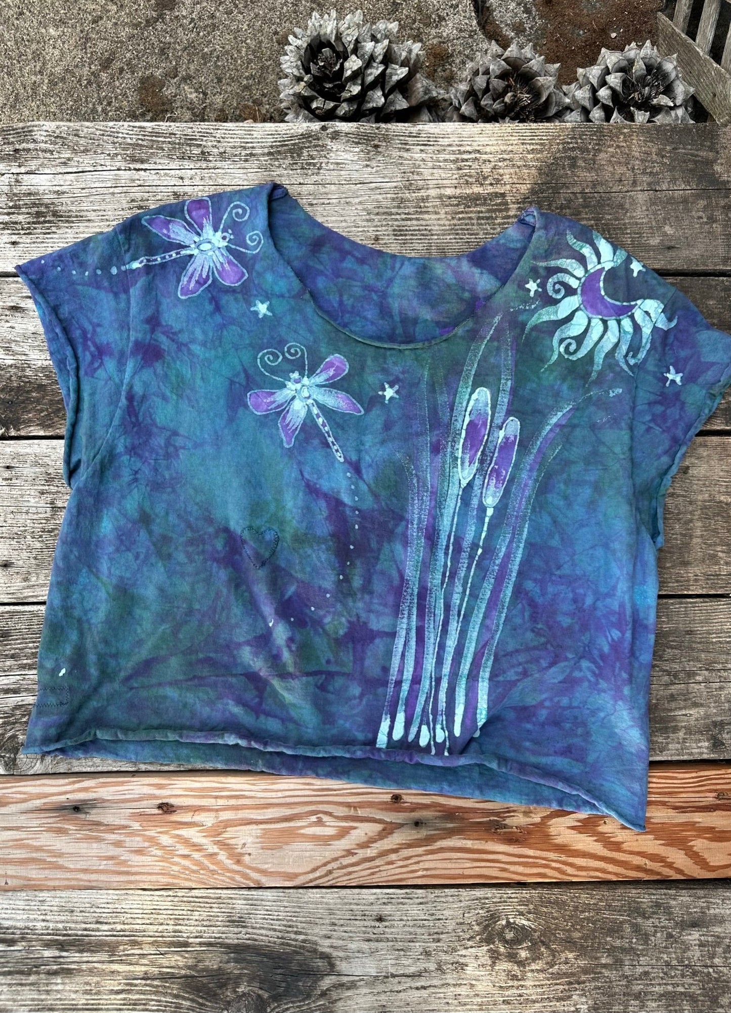 Dragonfly in Teal and Purple Cotton Cropped Crew Tee - Size Small Shirts & Tops Batikwalla by Victoria Small 