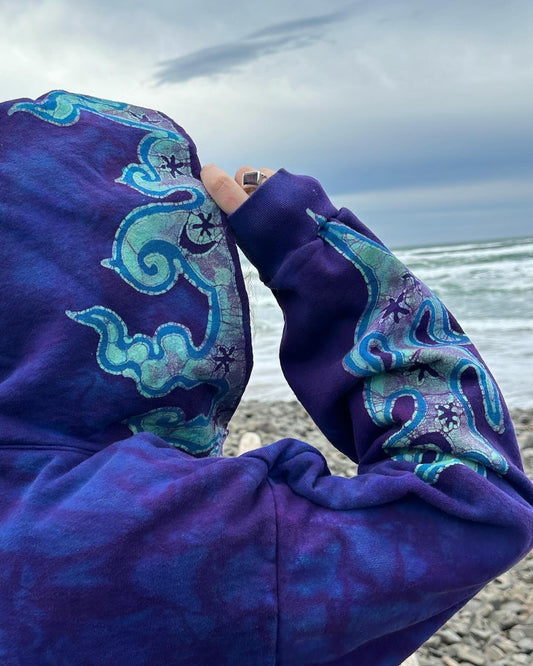 Blue Swirls-n- Waves Handcrafted Batik Zipper Hoodie - Unisex Size 2X