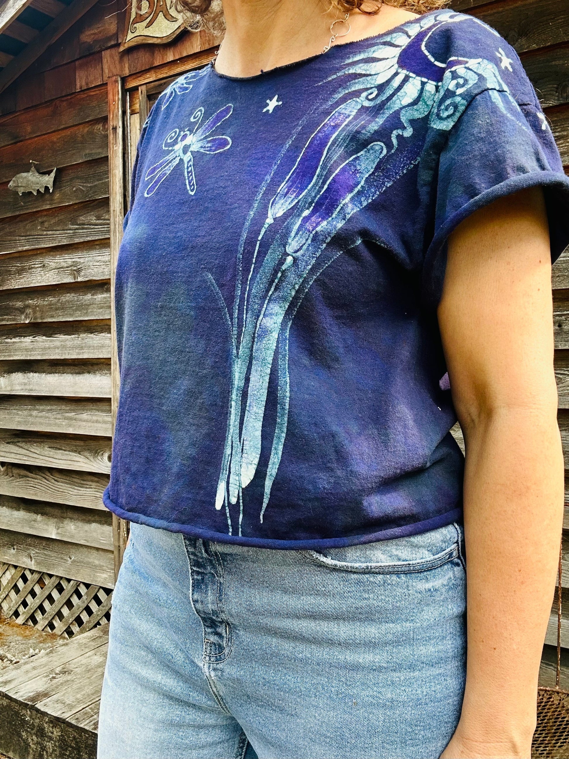 Dragonfly and Cattails Cotton Cut Cropped Tee Shirts & Tops Batikwalla by Victoria 