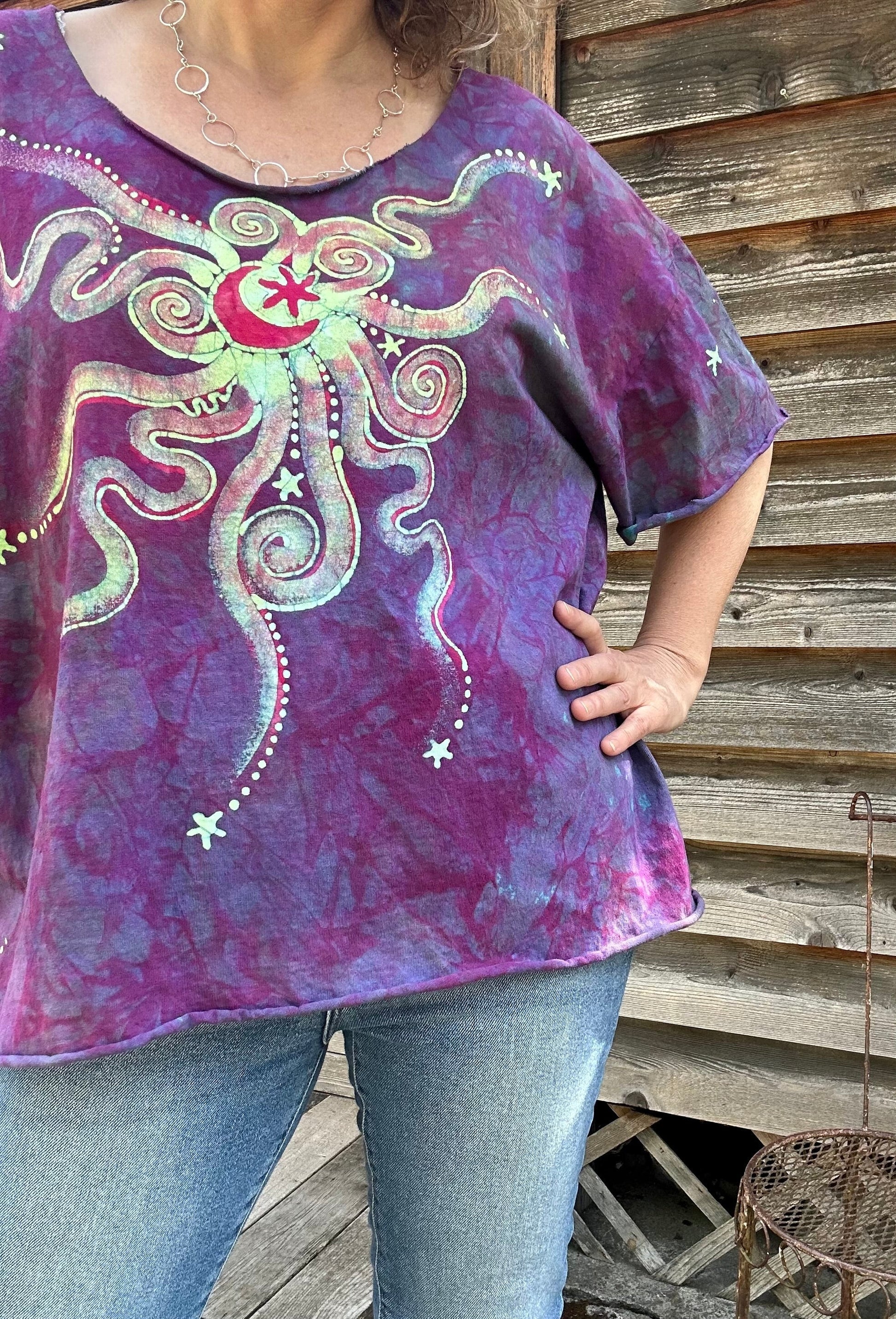 Sunrise Sunset Batik Cotton Cropped Crew Tee - Size 3X Shirts & Tops Batikwalla by Victoria 3X 
