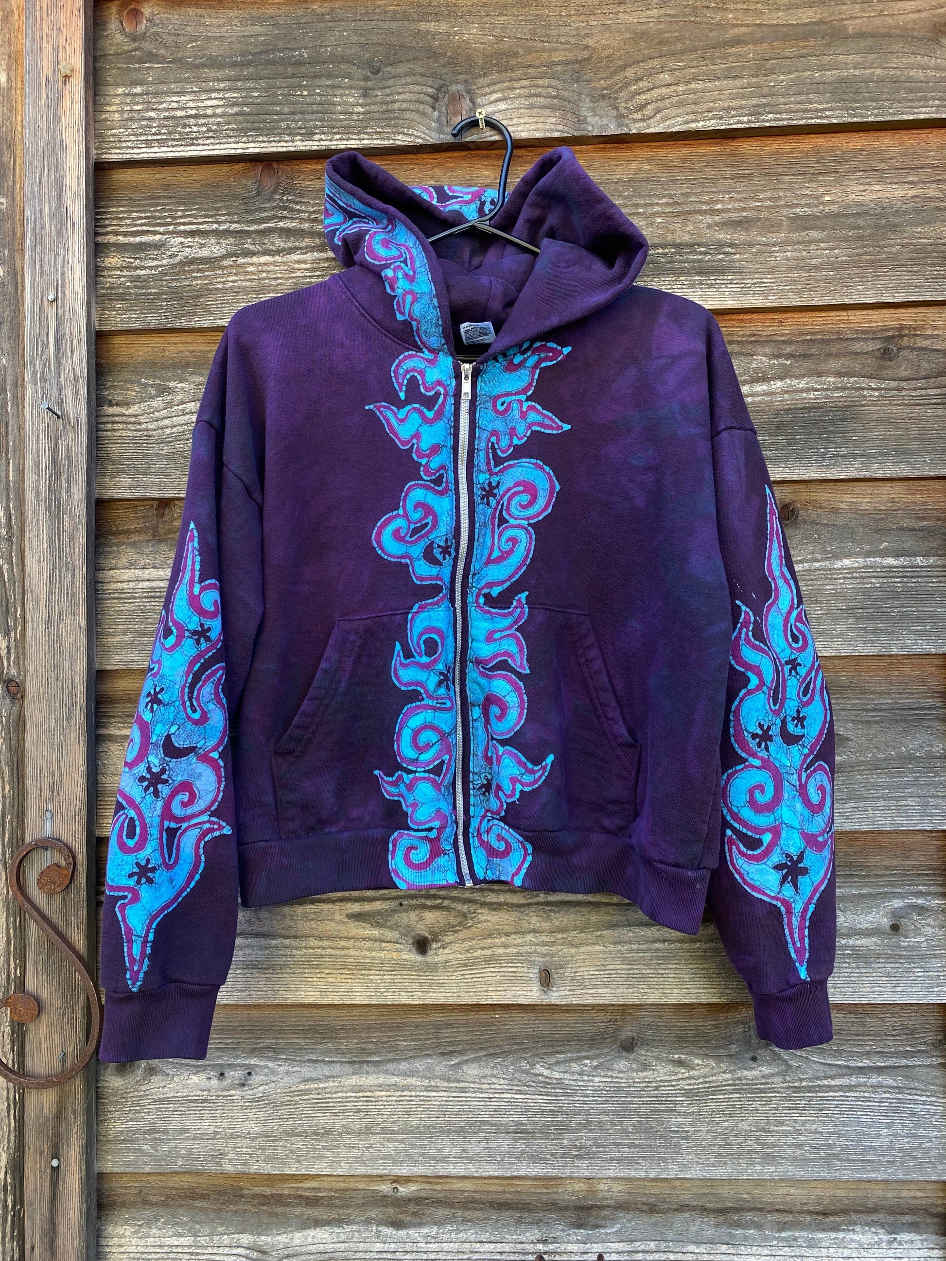 Midnight Purple with Turquoise Flames Handmade Batik Hoodie - 2X Unisex hoodie batikwalla 