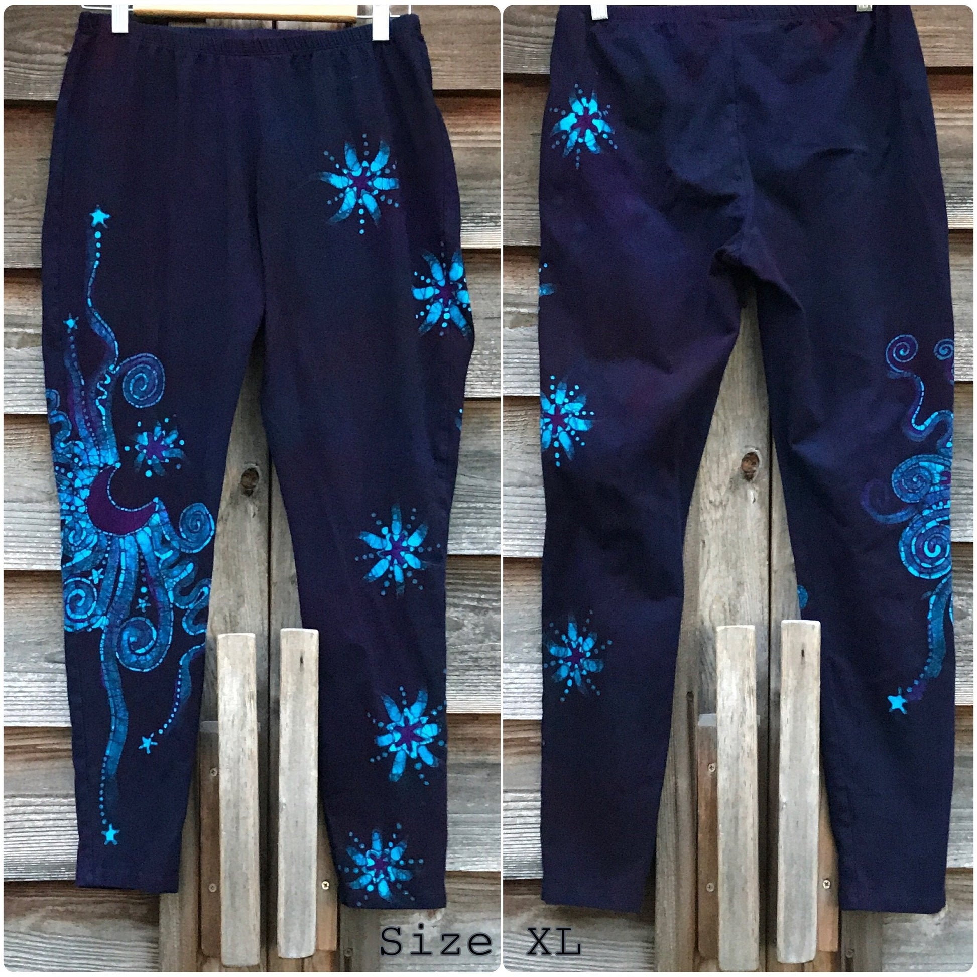 Deep Purple and Turquoise Moon & Star Batik Size XL Leggings leggings batikwalla XL 