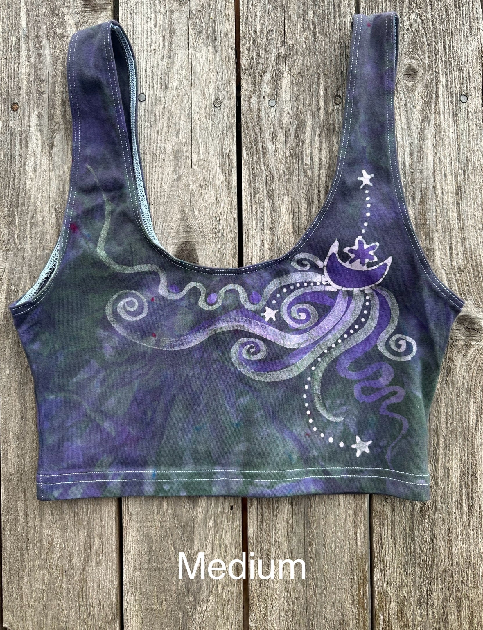 Teal and Purple Moonbeams with Stars Hand Painted Batik Sports Bra Tops batikwalla Medium 