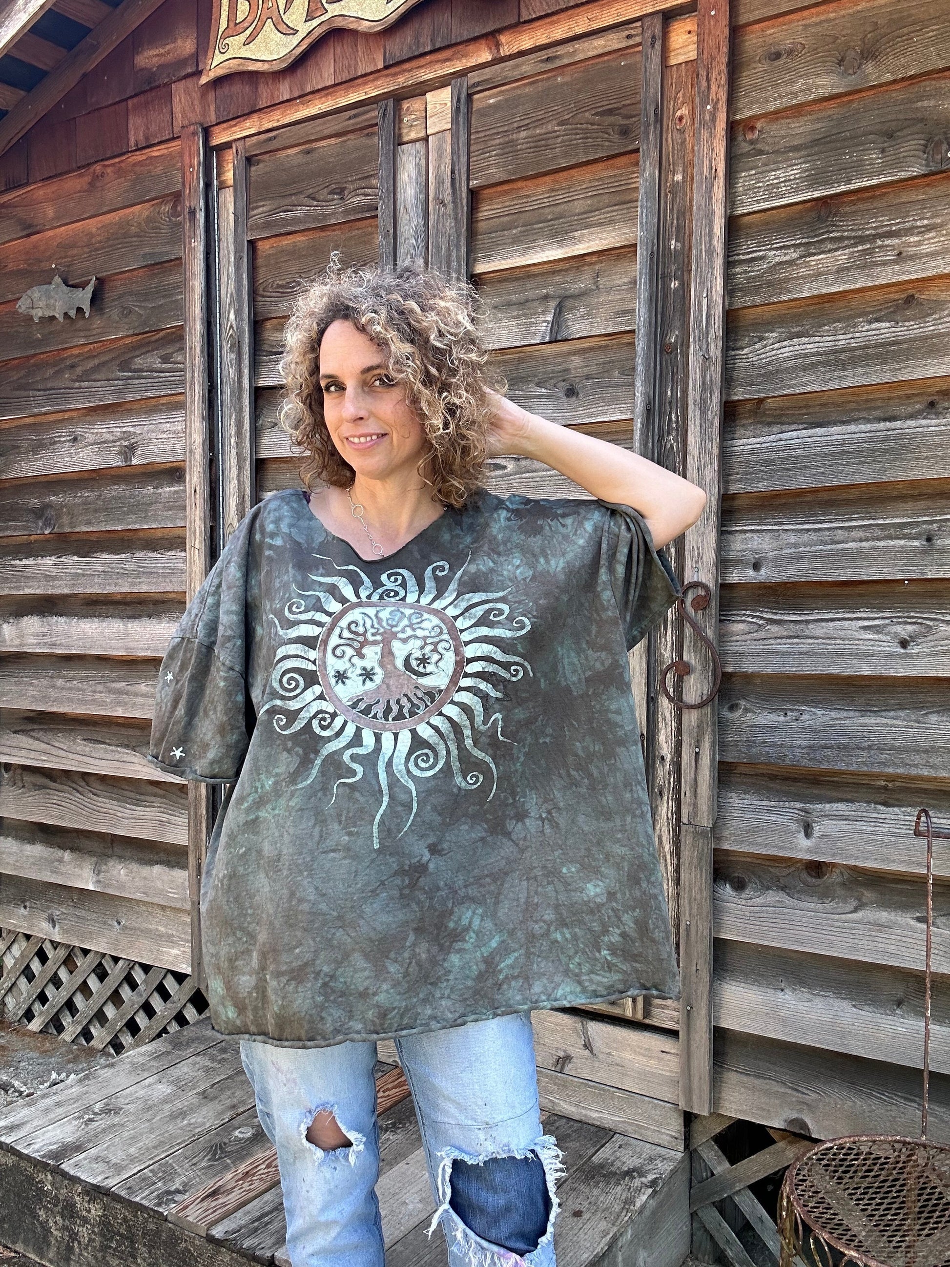Cedar Forest Tree of Life Cotton Cropped Crew Tee - Size 2X and 3X Shirts & Tops Batikwalla by Victoria 3X 