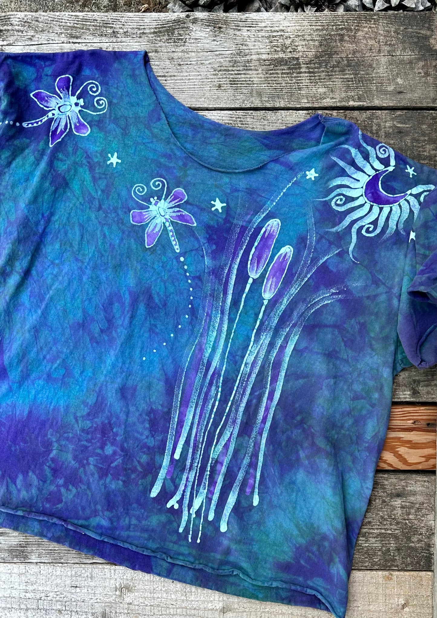 Dragonfly and Cattails Cotton Cut Cropped Tee - Plus Sizes 2X and 3X Shirts & Tops Batikwalla by Victoria 