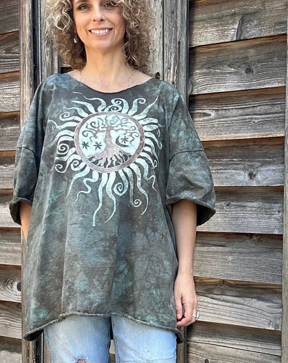 Cedar Forest Tree of Life Cotton Cropped Crew Tee - Size 2X and 3X Shirts & Tops Batikwalla by Victoria 2X 