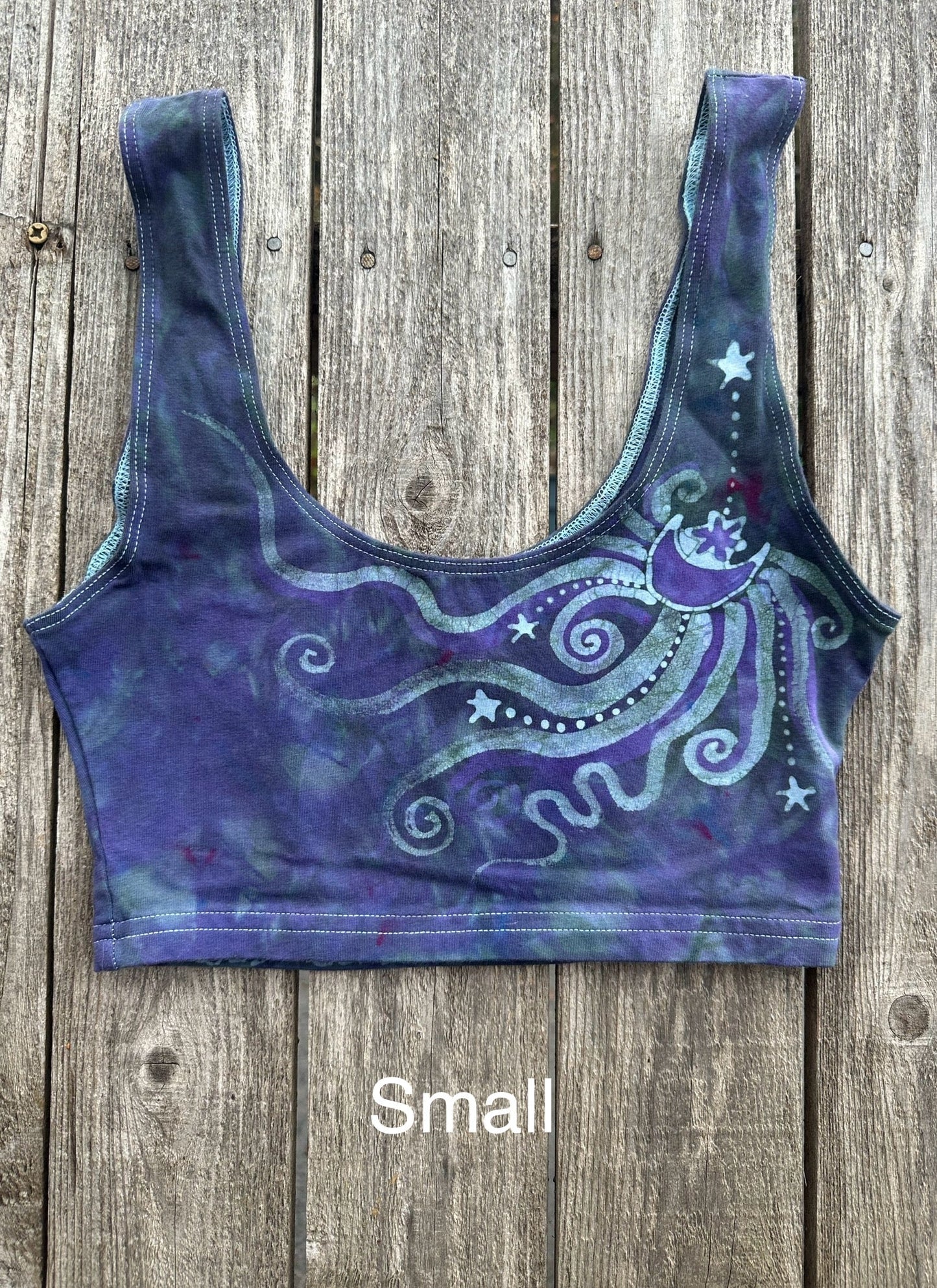 Teal and Purple Moonbeams with Stars Hand Painted Batik Sports Bra Tops batikwalla Small 