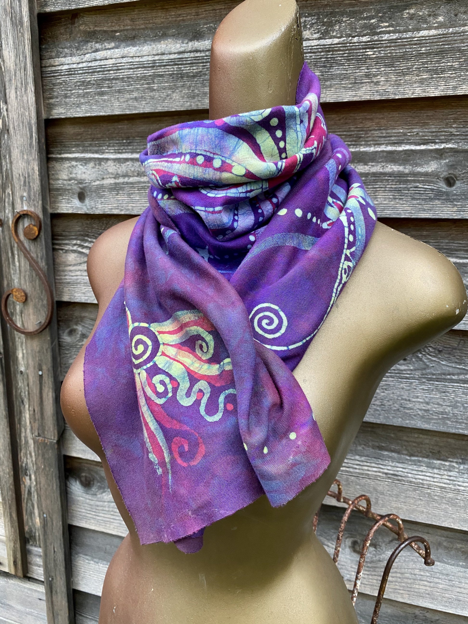 Misty Purple Sunrise - Hand Painted Organic Knit Fabric Scarf scarf batikwalla 