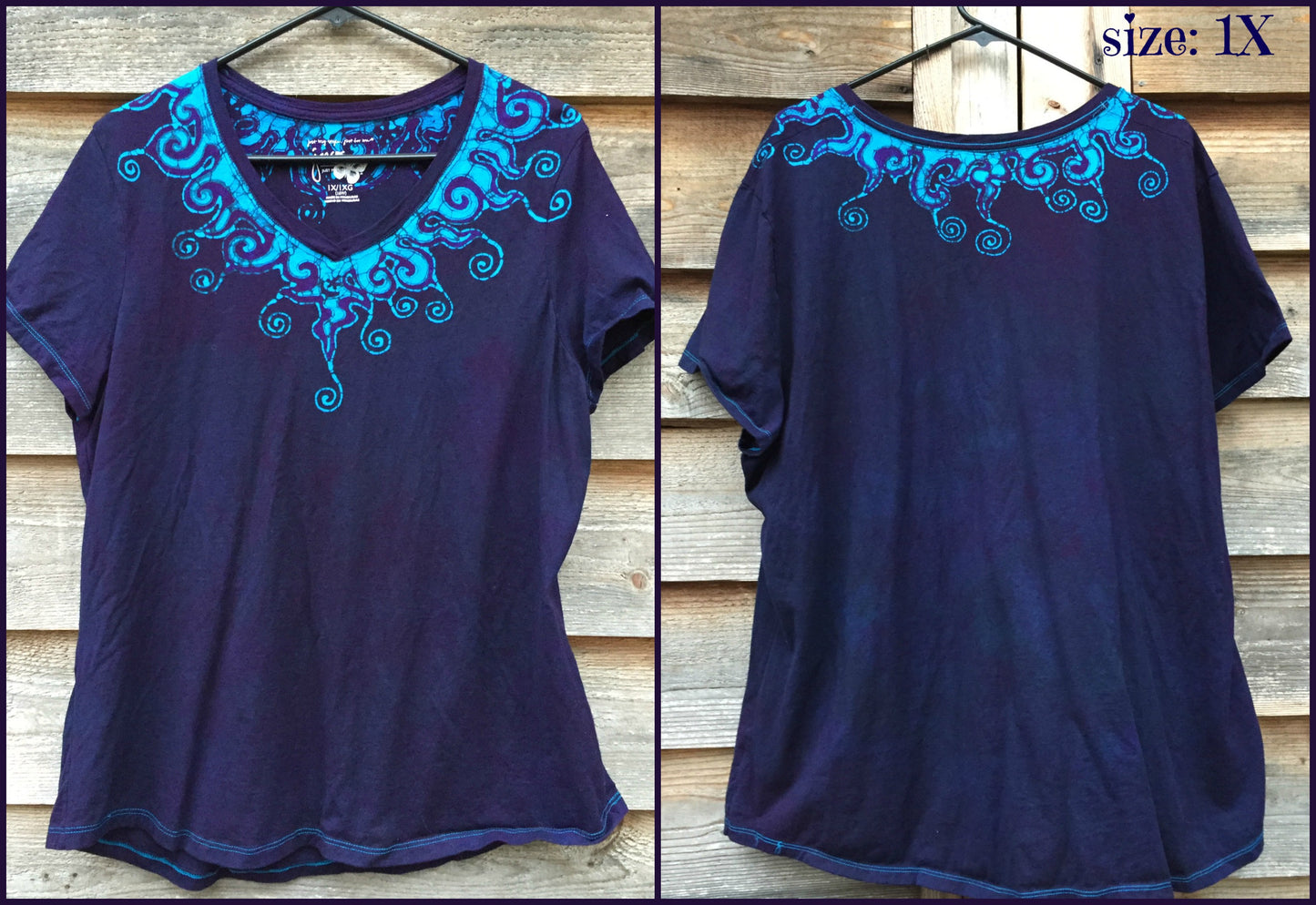 Purple and Turquoise Waves of Moonlight Handmade Batik Tee - Plus Size - 5X - Batikwalla 
 - 8