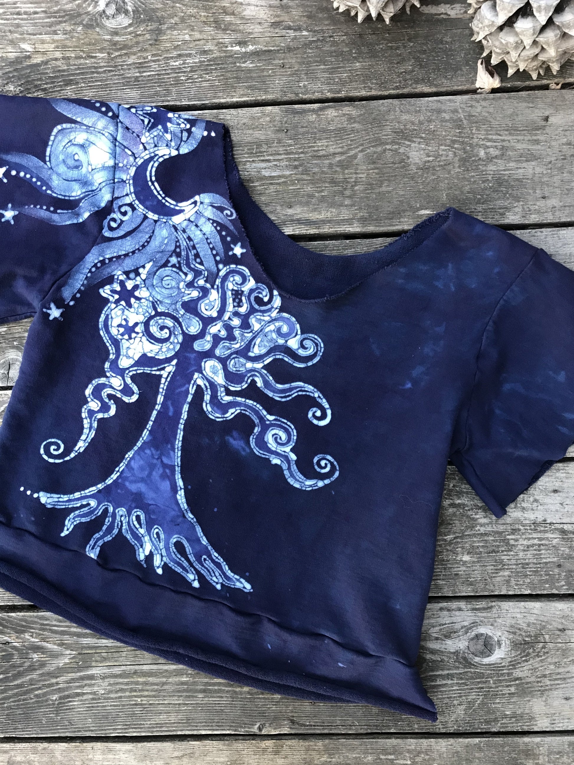 Midnight Blue Moon & Tree Organic Cotton Handmade Batik Top Medium/Large Batik Dresses Batikwalla 
