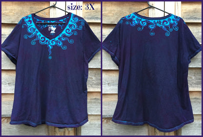 Purple and Turquoise Waves of Moonlight Handmade Batik Tee - Plus Size - 5X - Batikwalla 
 - 10