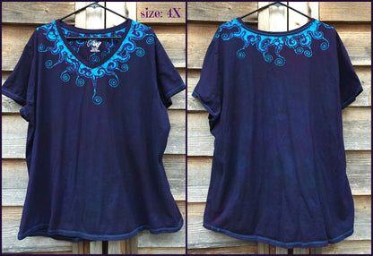 Purple and Turquoise Waves of Moonlight Handmade Batik Tee - Plus Size - 5X - Batikwalla 
 - 7