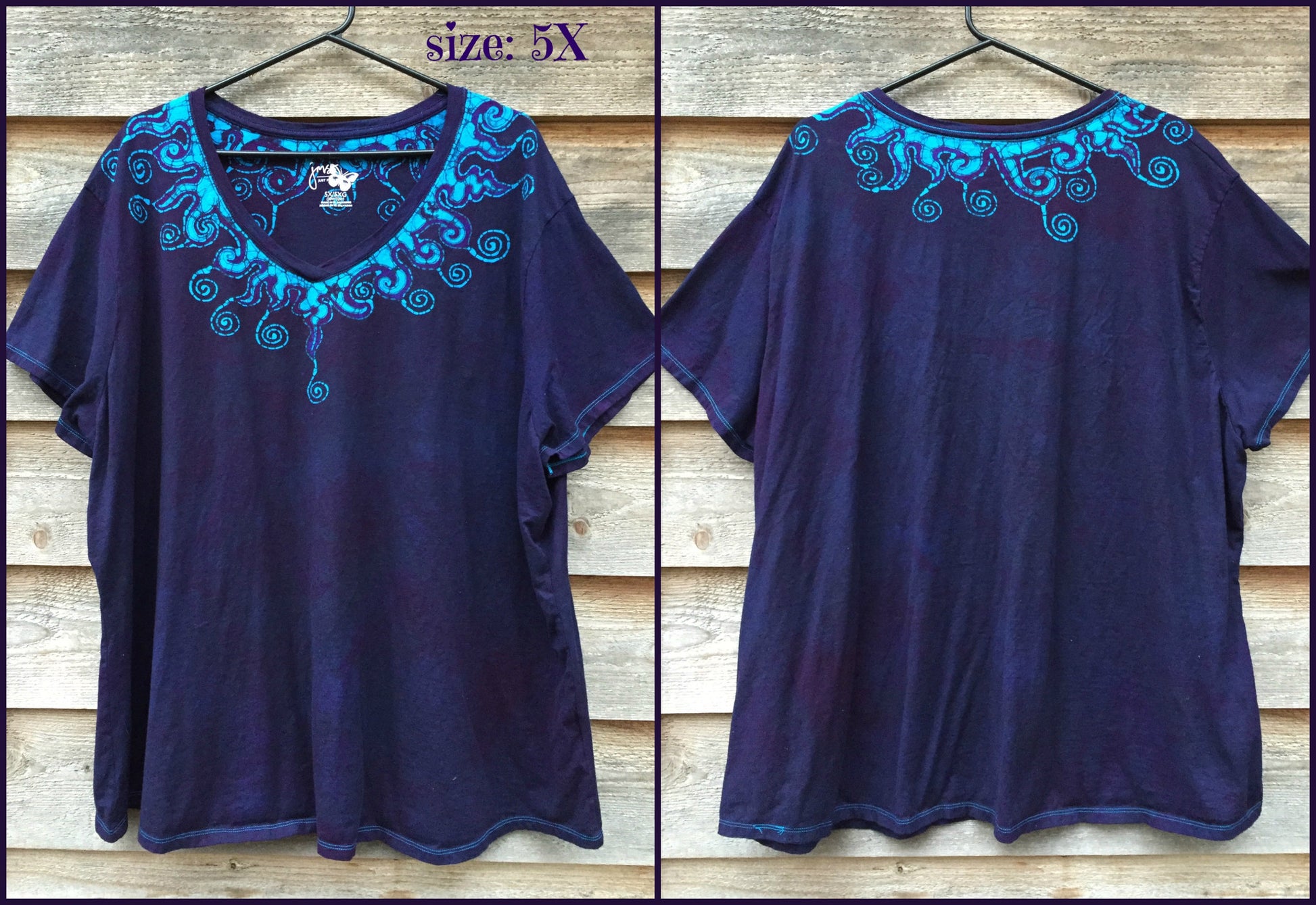Purple and Turquoise Waves of Moonlight Handmade Batik Tee - Plus Size - 5X - Batikwalla 
 - 6