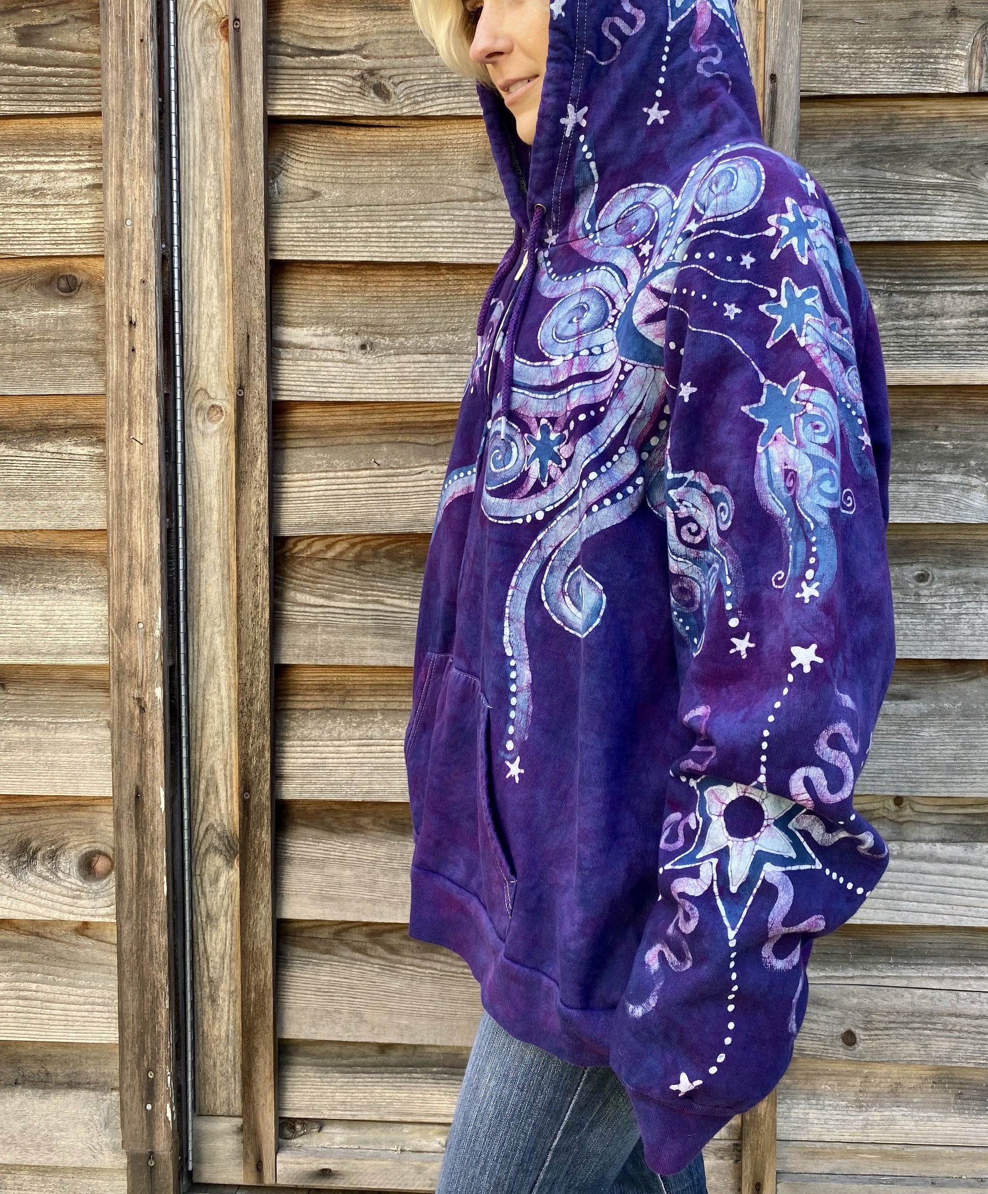 Starseed Moonbeams In Purple Passion - Organic Cotton Zip Up Batik Hoodie - in 2X hoodie batikwalla 