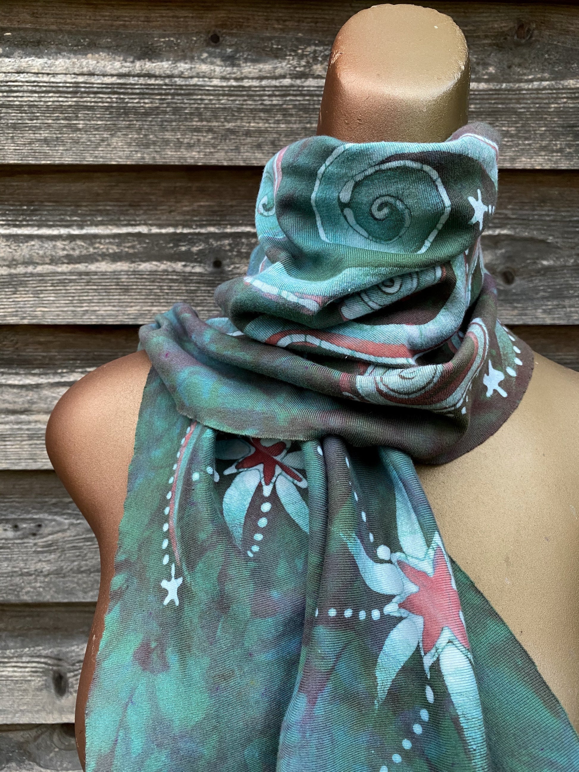 Mango Peppermint Galaxy - Hand Painted Organic Knit Fabric Scarf scarf batikwalla 