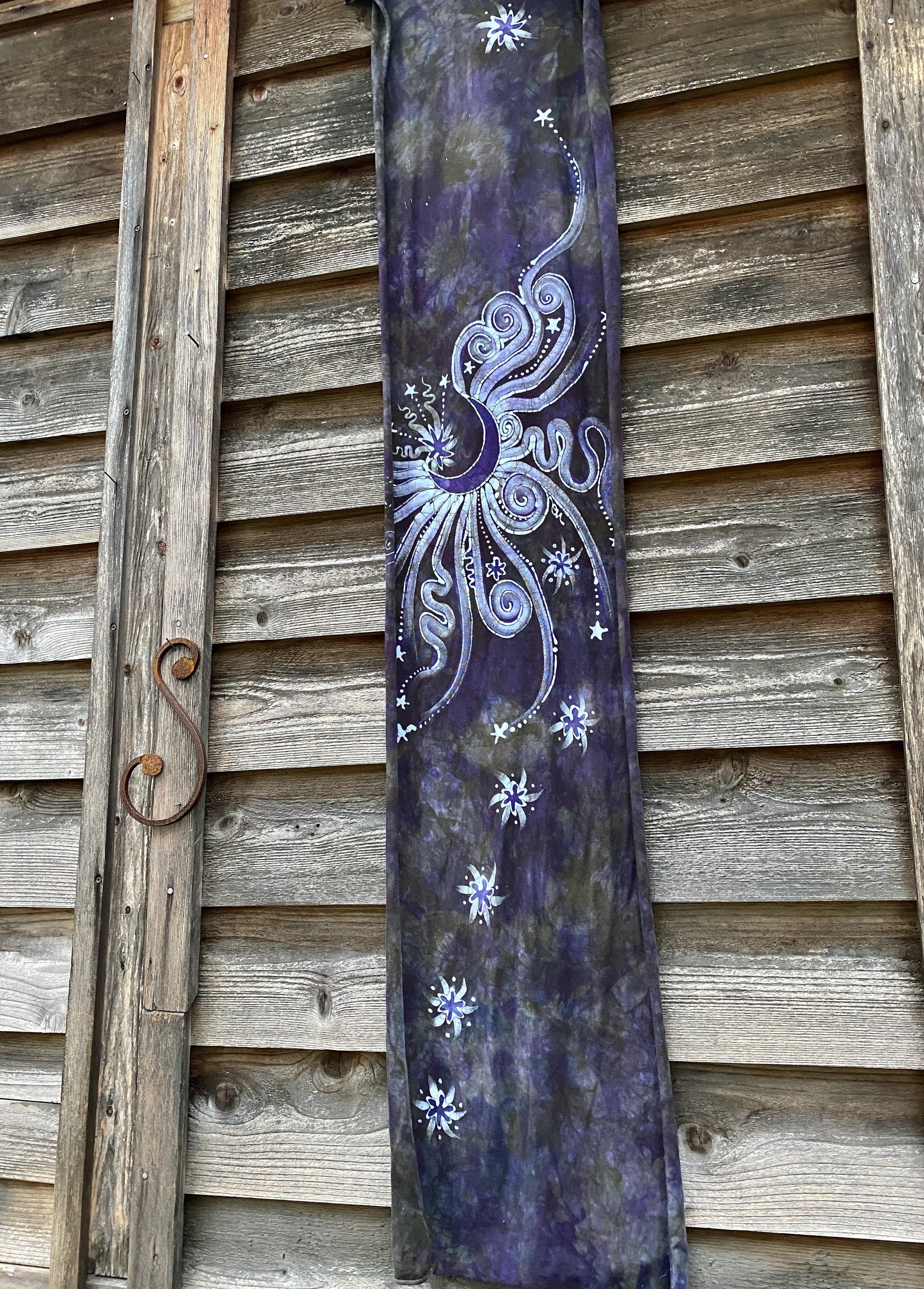 Rising From Ash - Purple Moon Hand Painted Organic Knit Fabric Scarf scarf batikwalla 