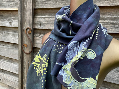 Cloudy Day Sunbeams - Hand Painted Organic Knit Fabric Scarf scarf batikwalla 