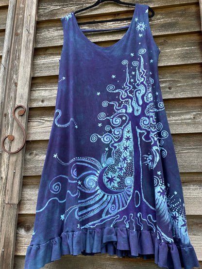 Teal and Purple Tree in the Forest Organic Cotton Batik Dress Batik Dresses Batikwalla 