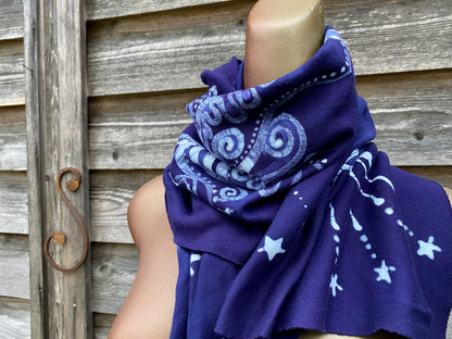 Guided By Stars Navy Blue Night - Hand Painted Organic Knit Fabric Scarf scarf batikwalla 