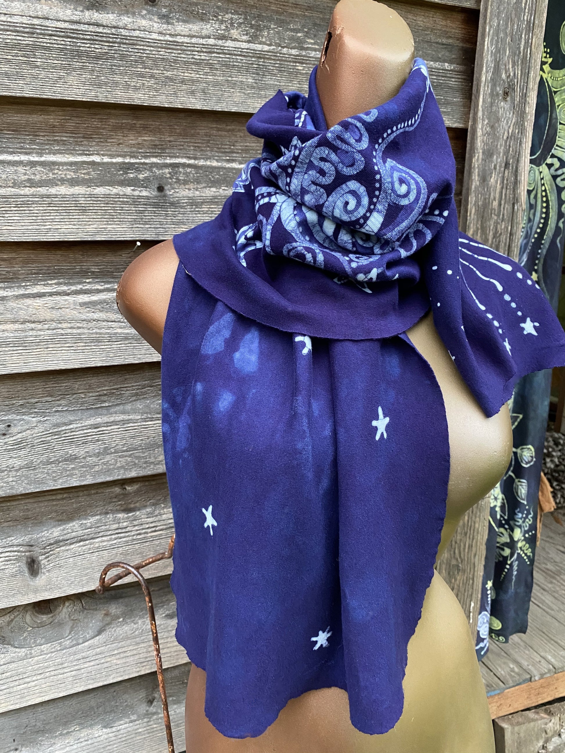 Guided By Stars Navy Blue Night - Hand Painted Organic Knit Fabric Scarf scarf batikwalla 