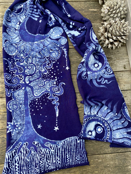 Justice and Hope In Blue and Purple - Hand Painted Organic Cotton Batik Scarf scarf batikwalla 