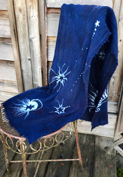 Blue Moons of Midnight Handmade Batik Scarf in Woven Organic Cotton