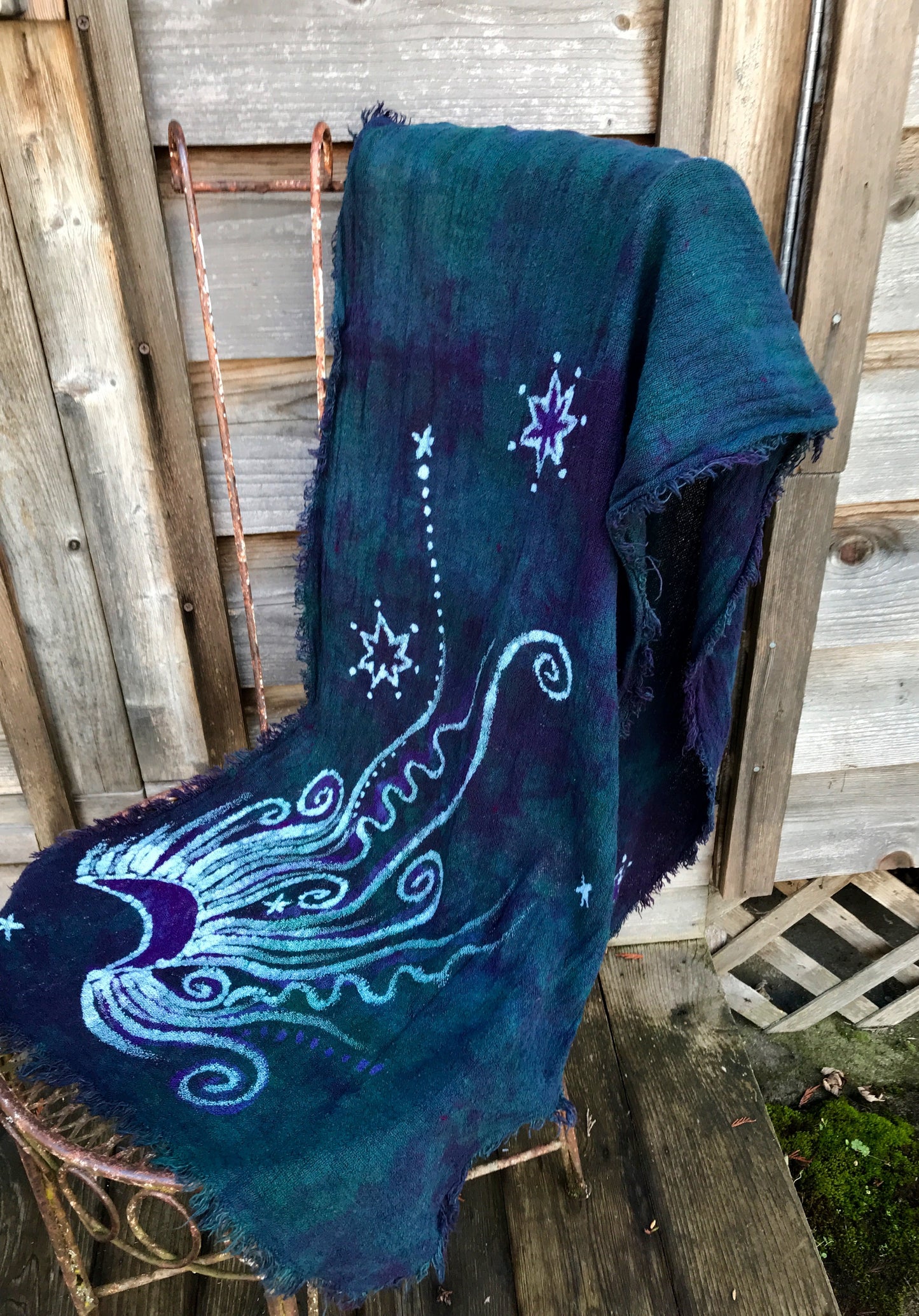 Teal and Purple Moonlight Handmade Batik Scarf in Woven Organic Cotton