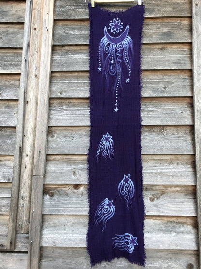Midnight Moon & Stars Handmade Batik Scarf in Organic Cotton