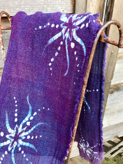 Purple Stars Light Up The Sky Handmade Batik Scarf in Organic Cotton - Long Length
