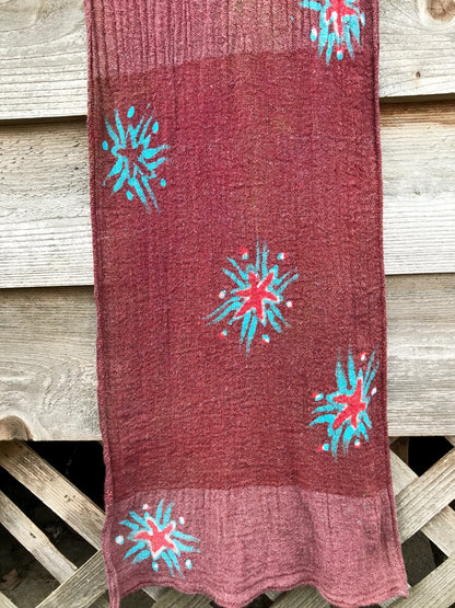 Dark Red Sun and Turquoise Stars Handmade Batik Scarf in Organic Cotton - Longer Length