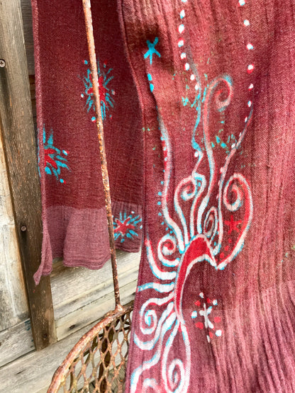 Dark Red Sun and Turquoise Stars Handmade Batik Scarf in Organic Cotton - Longer Length