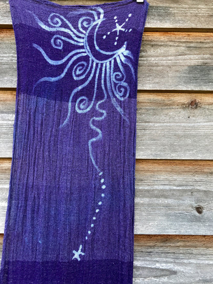 Purple Moon and Stars Handmade Batik Scarf in Organic Cotton - Longer Length