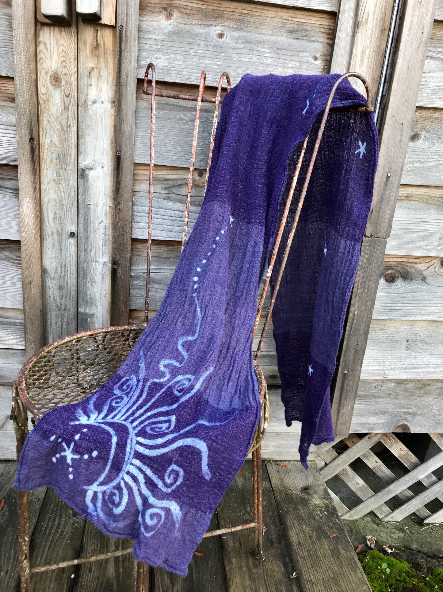 Purple Moon and Stars Handmade Batik Scarf in Organic Cotton - Longer Length