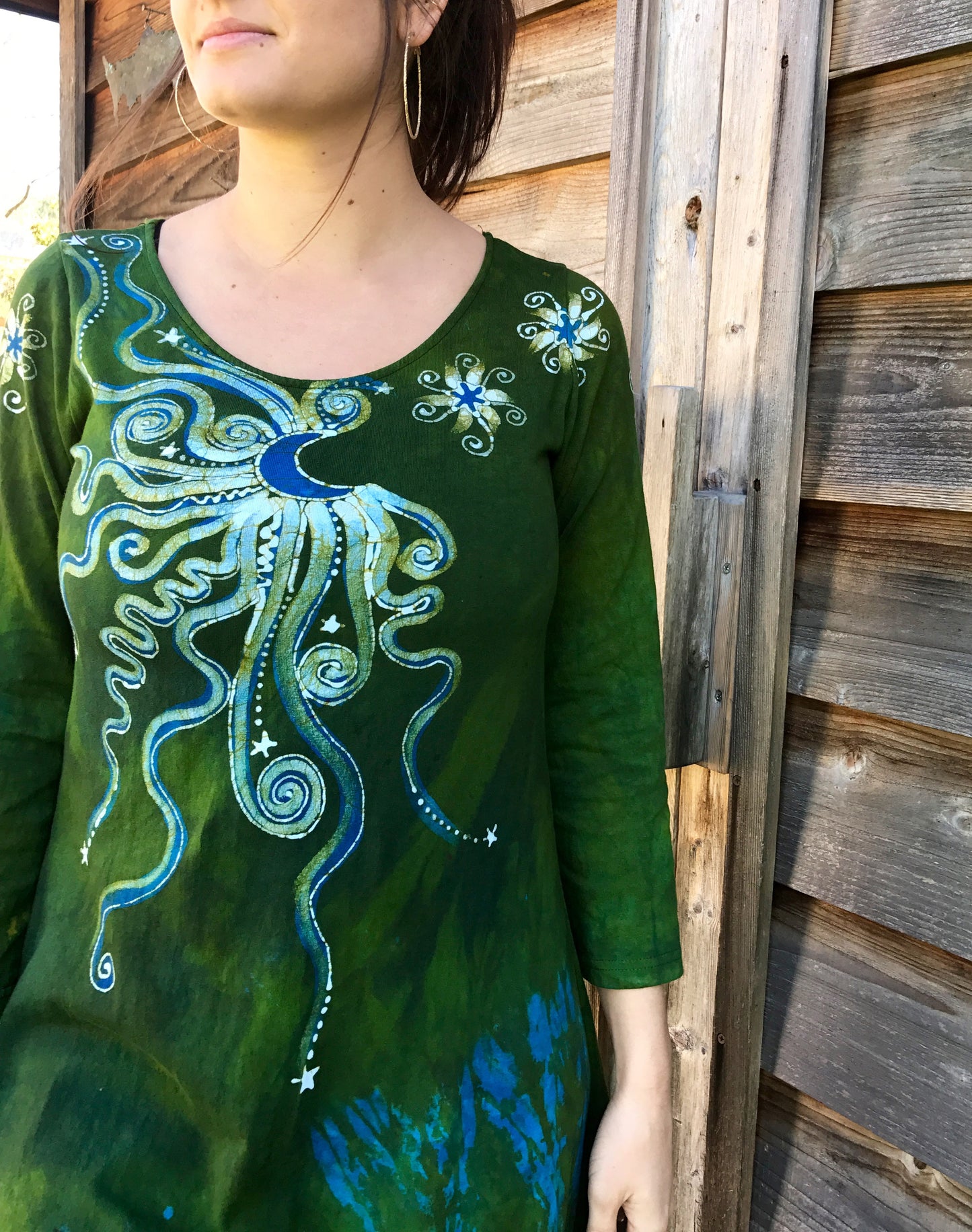 Dancing Green Moonbeams Long Sleeve Batik Dress
