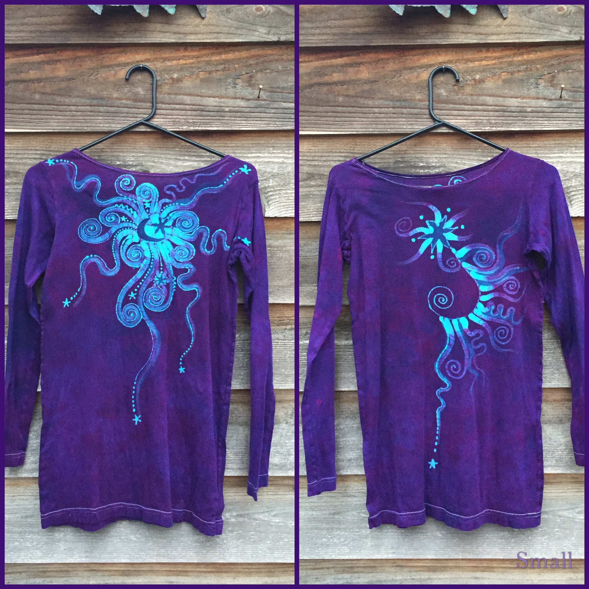 Purple and Turquoise Center Star Long Sleeve Batik Top - Size Small - Batikwalla 
 - 6