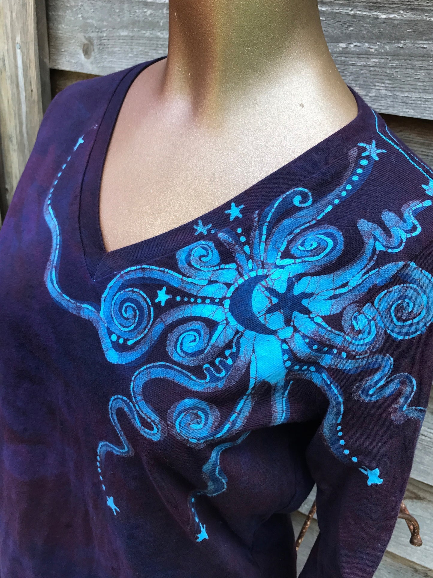 Midnight Blue and Purple Moon Star Batik - 3/4 Sleeve Top