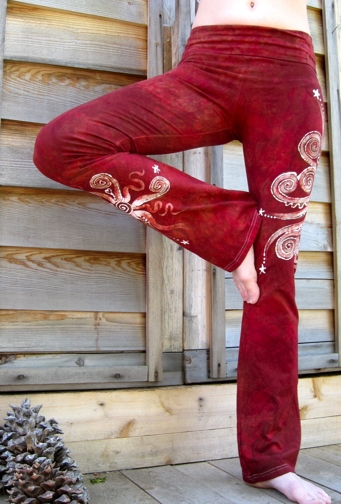 Dark Red Batik Yoga Pants - Size Large - Batikwalla 
 - 1