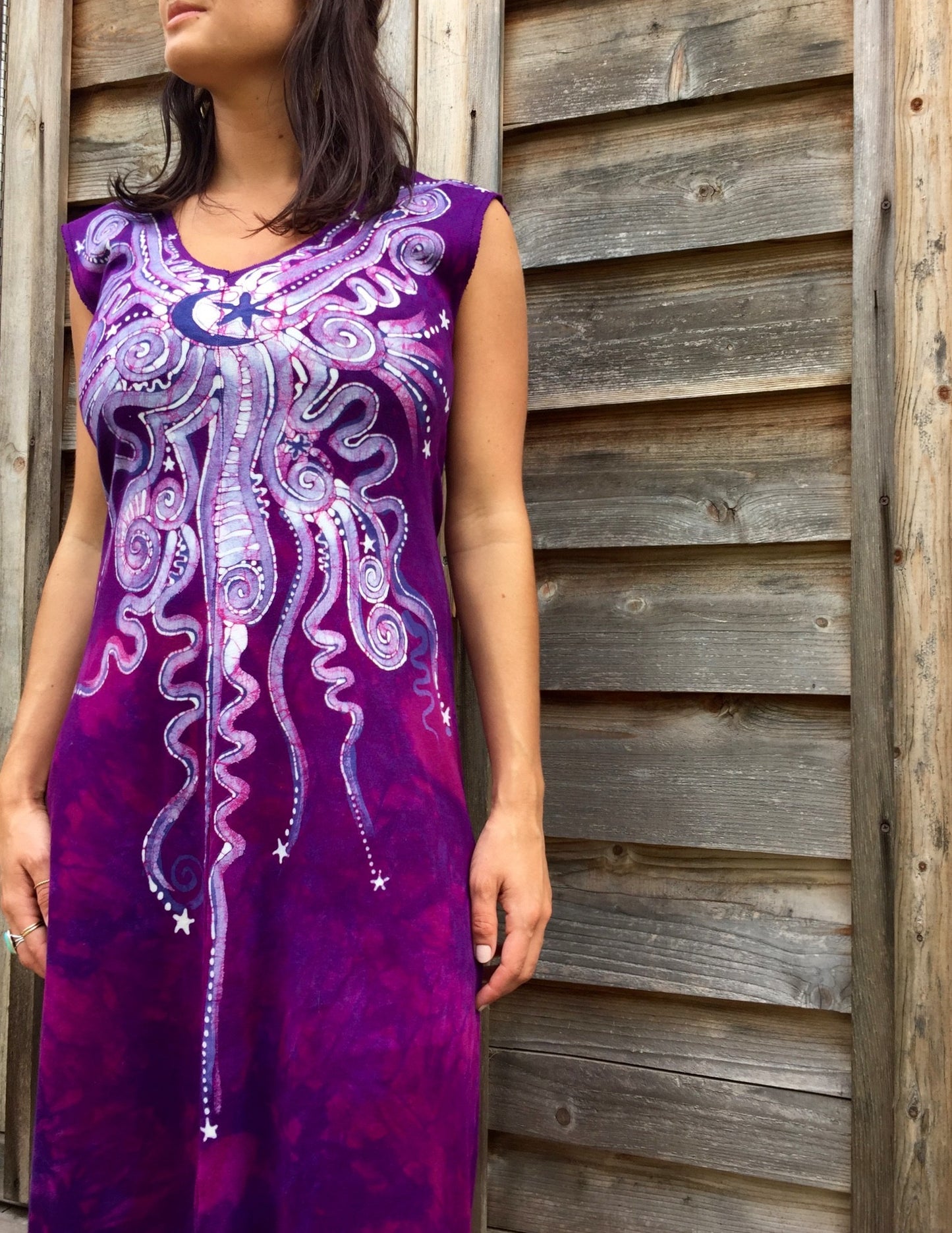 Magenta Moonbeams Organic Cotton Batik Dress - Midi Length - Batikwalla 
 - 2