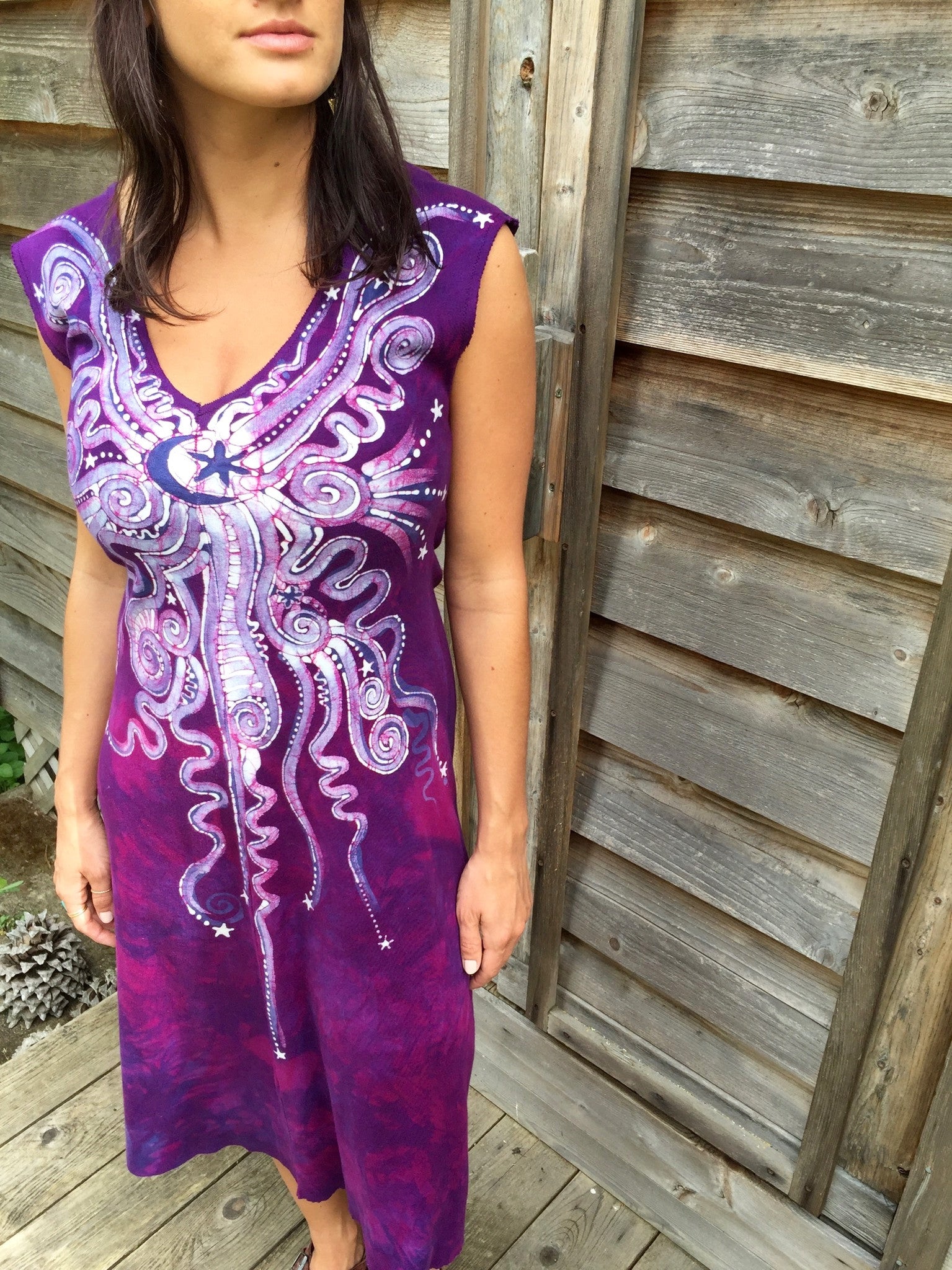 Magenta Moonbeams Organic Cotton Batik Dress - Midi Length - Batikwalla 
 - 1