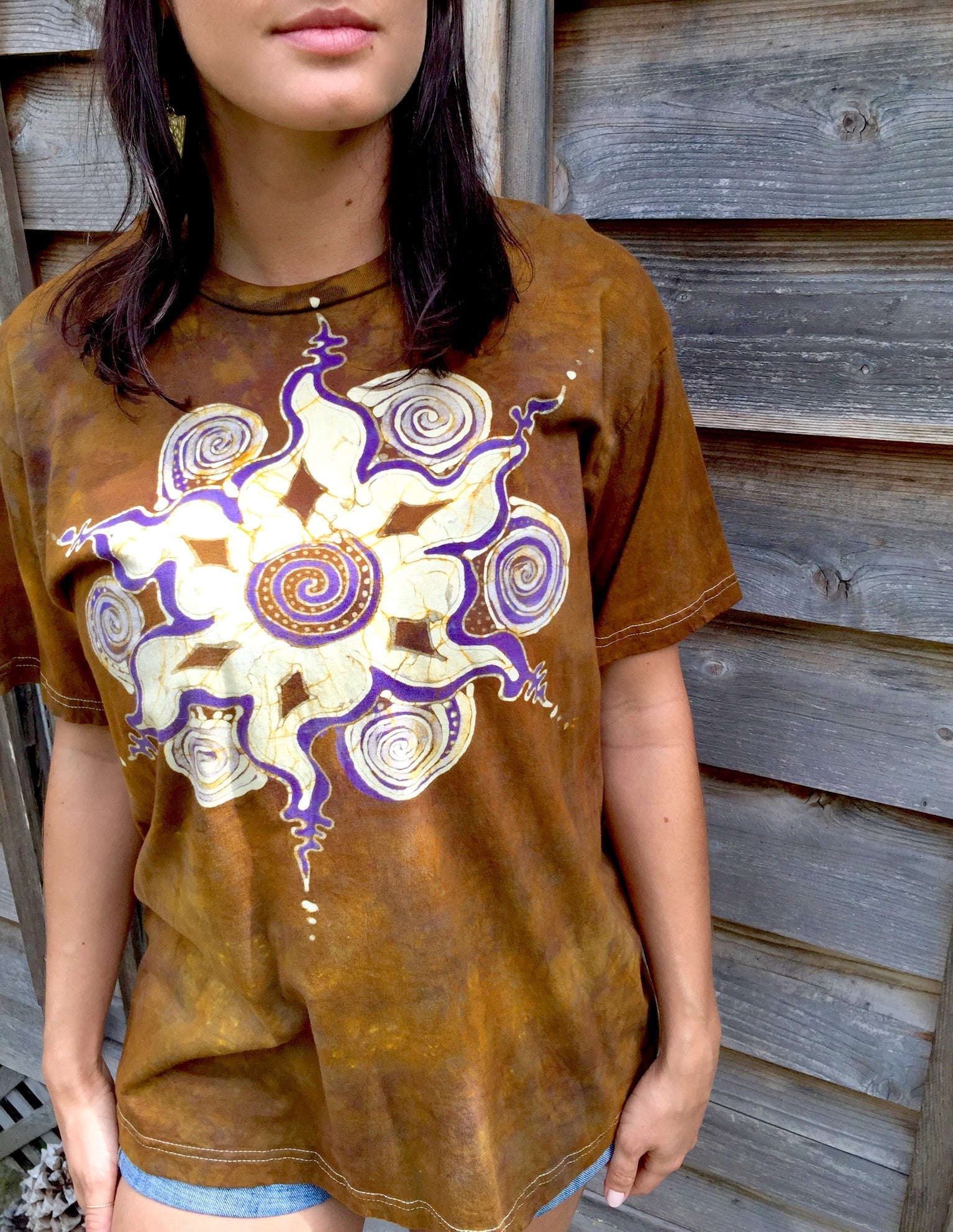 Golden Sun Star Mandala Handmade Batik Men's Tshirt - Size Medium - Batikwalla 
 - 1