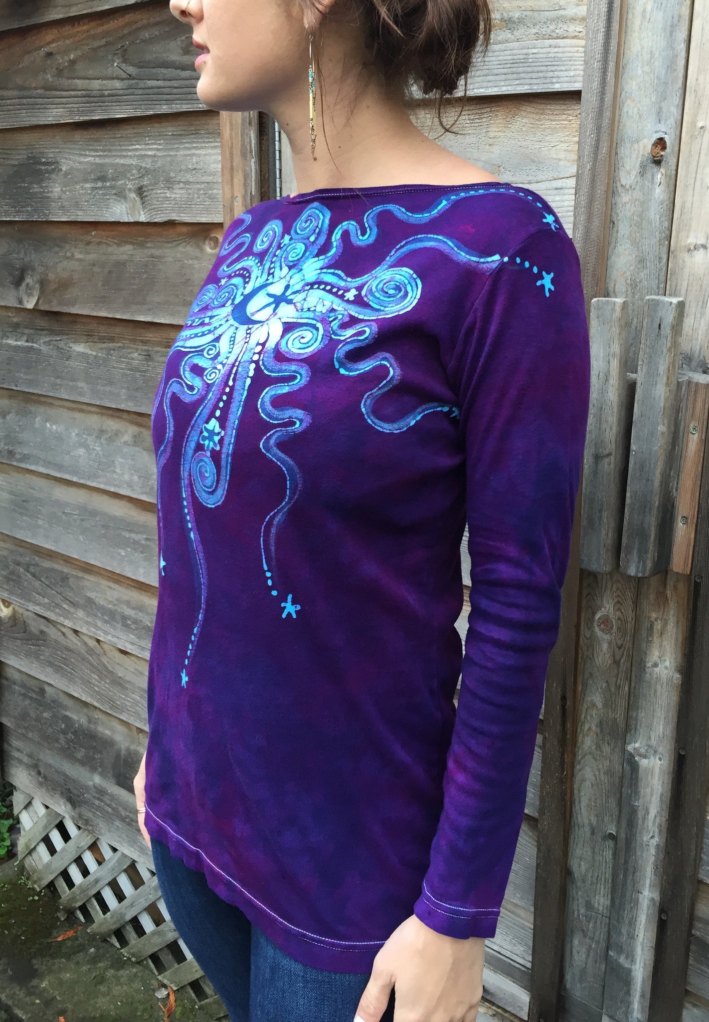 Purple and Turquoise Center Star Long Sleeve Batik Top - Size Small - Batikwalla 
 - 1