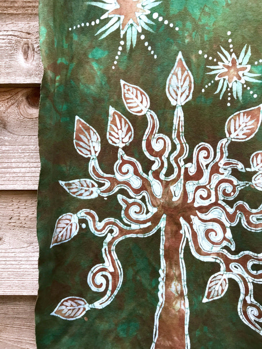 Oak Tree In Soft Green Moss Hand Painted Organic Cotton Batik Scarf
