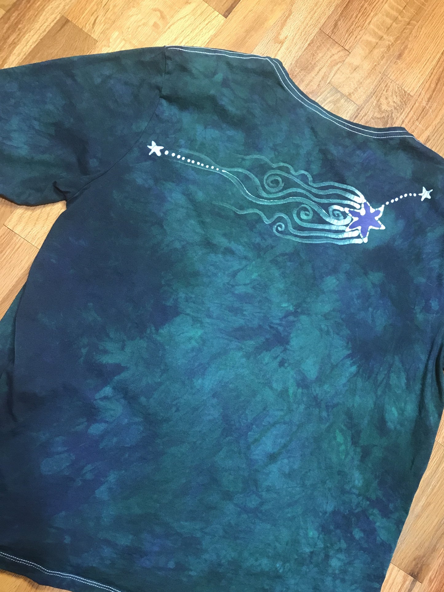 Teal and Purple Moonbeams Handmade Batik Scoop Neck Tshirt - Size 2X