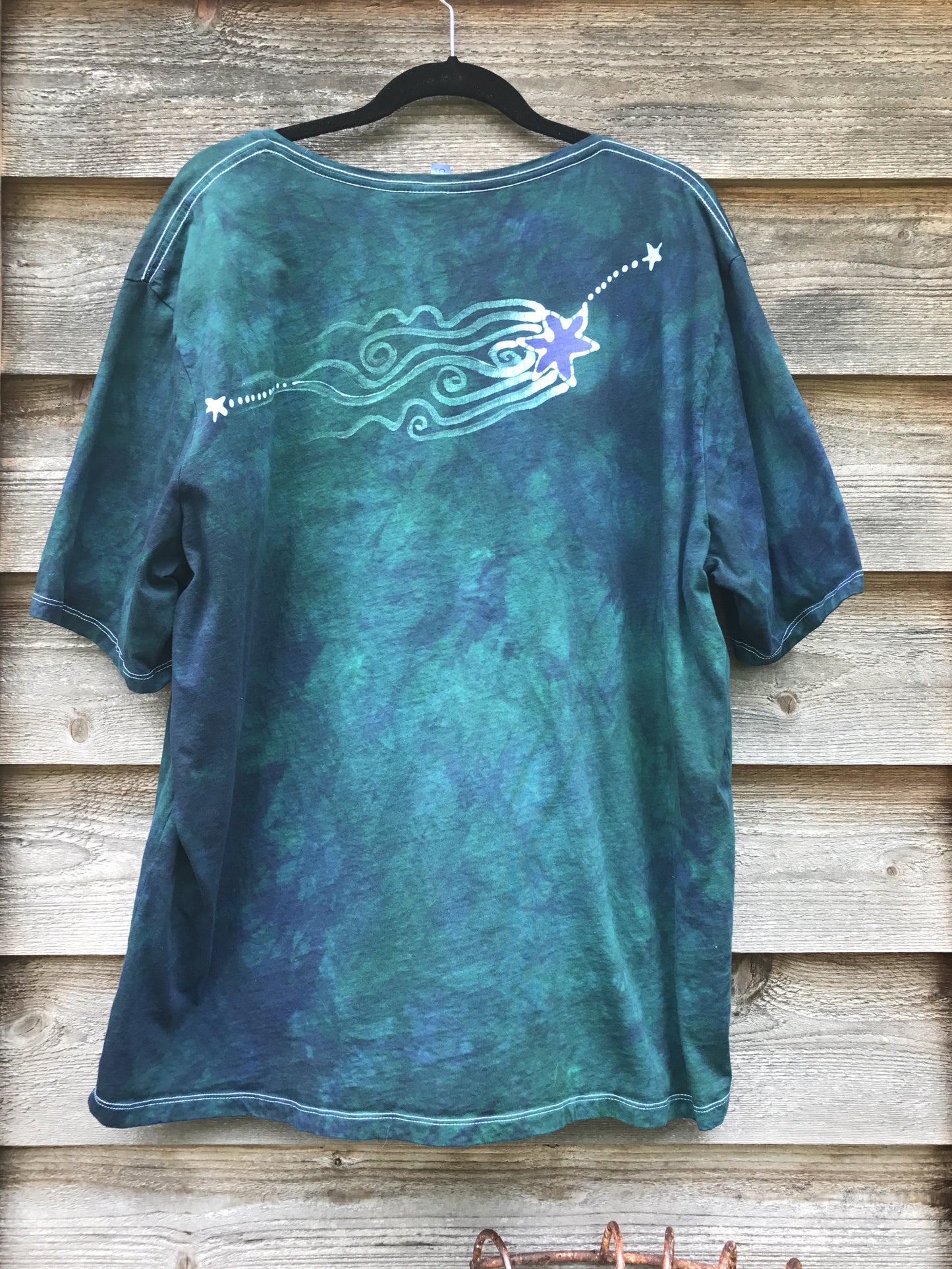 Teal and Purple Moonbeams Handmade Batik Scoop Neck Tshirt - Size 2X